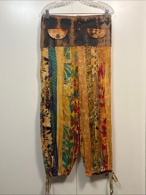 Boho Patchwork Tie-Dye Harem Pants in Mustard & Teal S/M